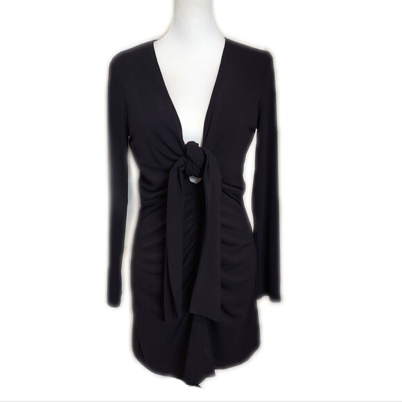 Zara deep v-neck gathered front LBD Little Black Dress, back zip, L - Picture 1 of 10